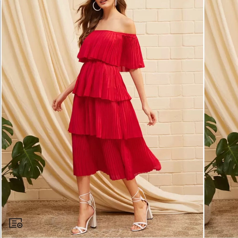 Red off shoulder layered pleated tier dress - NWOT - Picture 5 of 6